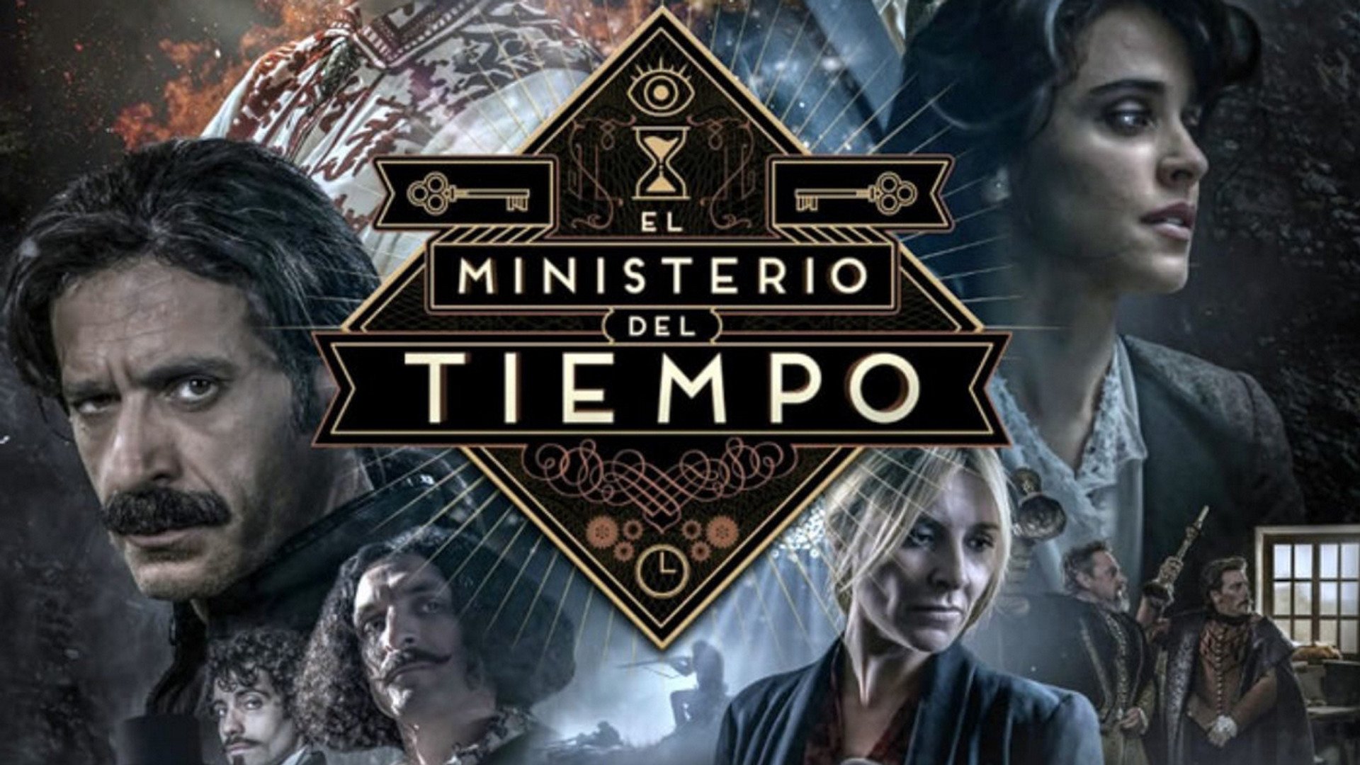 Cartelera horizontal de la serie El Ministerio del Tiempo en Amazon Prime Video mostrando a los protagonistas Alonso, Amelia y Julián caminando frente a un fondo dorado con relojes y engranajes.